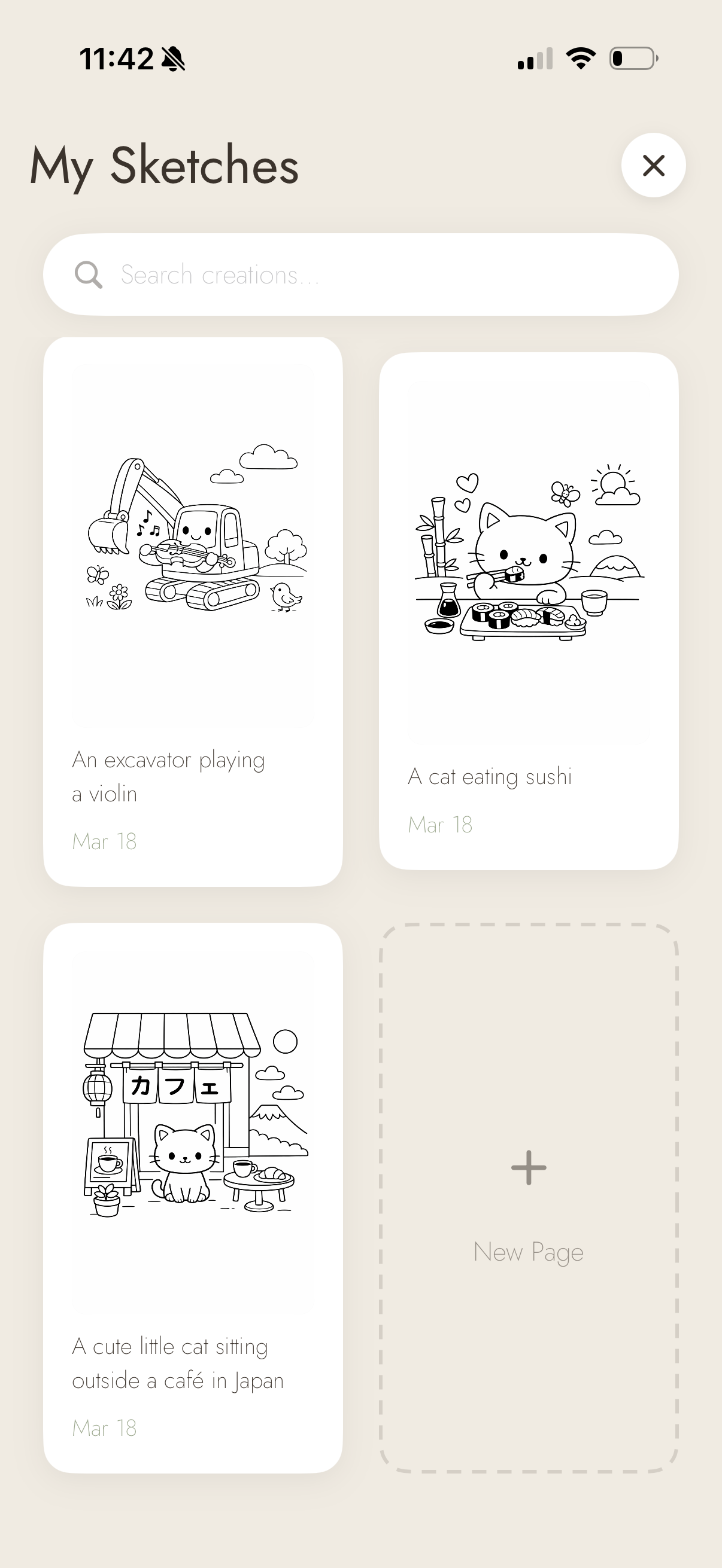 Library screen showing saved coloring pages