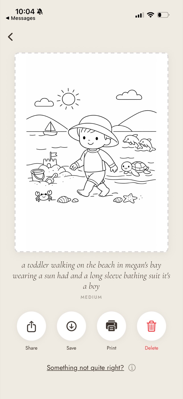 A finished coloring page in the Colorín app with Share, Save, Print, and Delete buttons