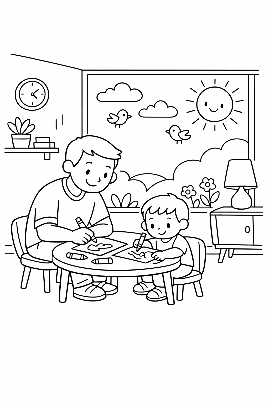 A father and 2 year old boy coloring at a small children's table of a mid century style house