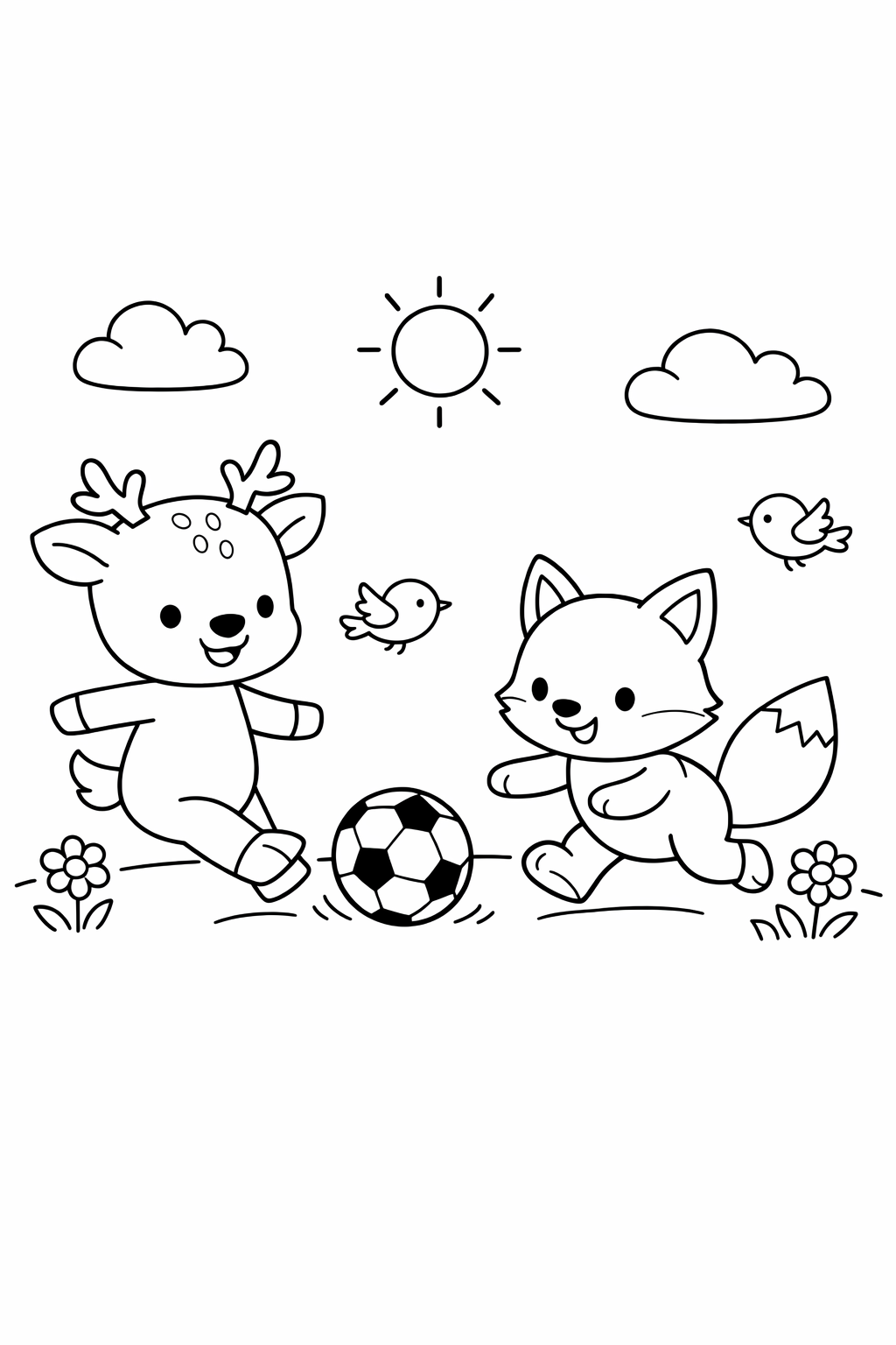 A deer and a fox playing soccer