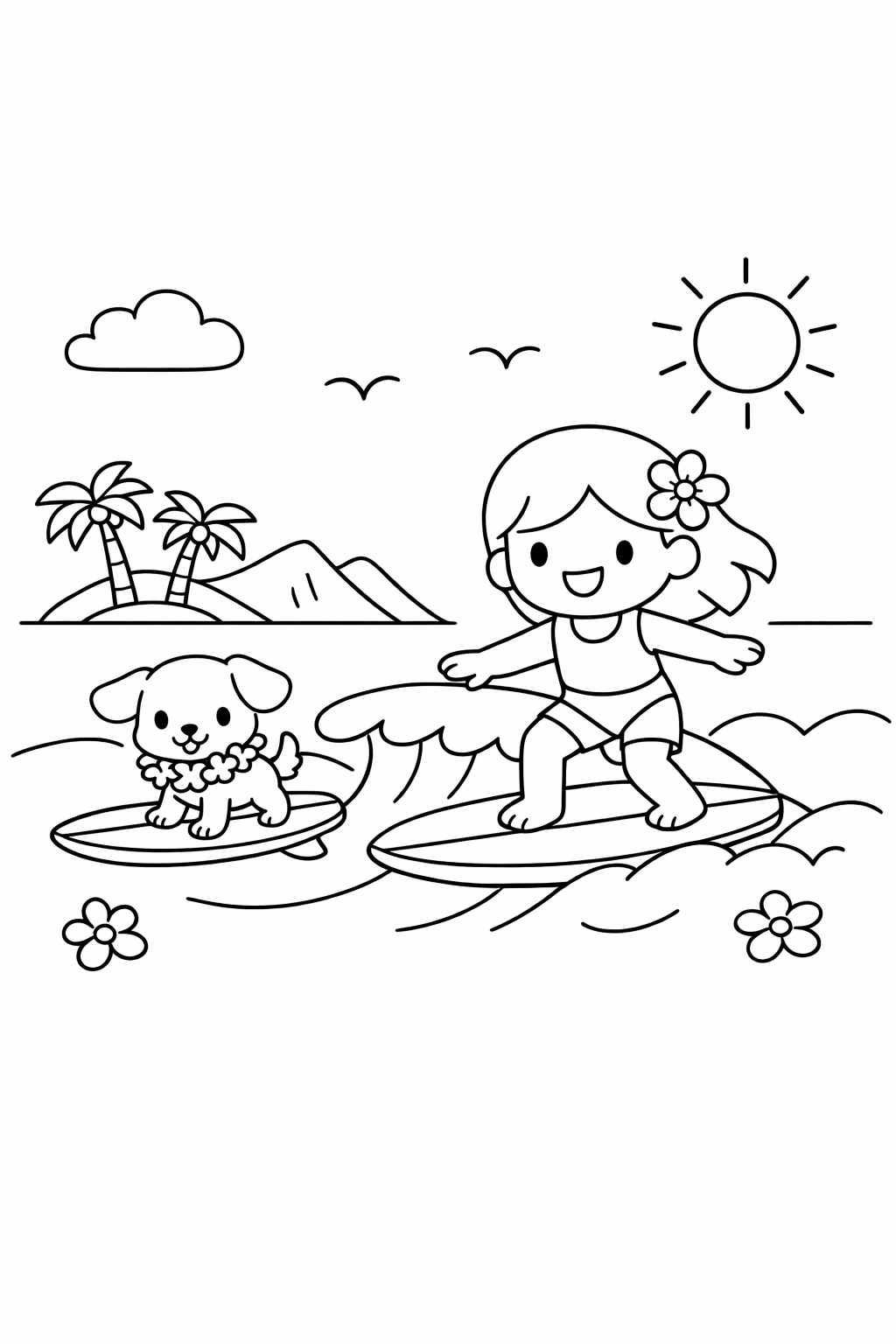 A small dog and a girl surfing in Hawaii