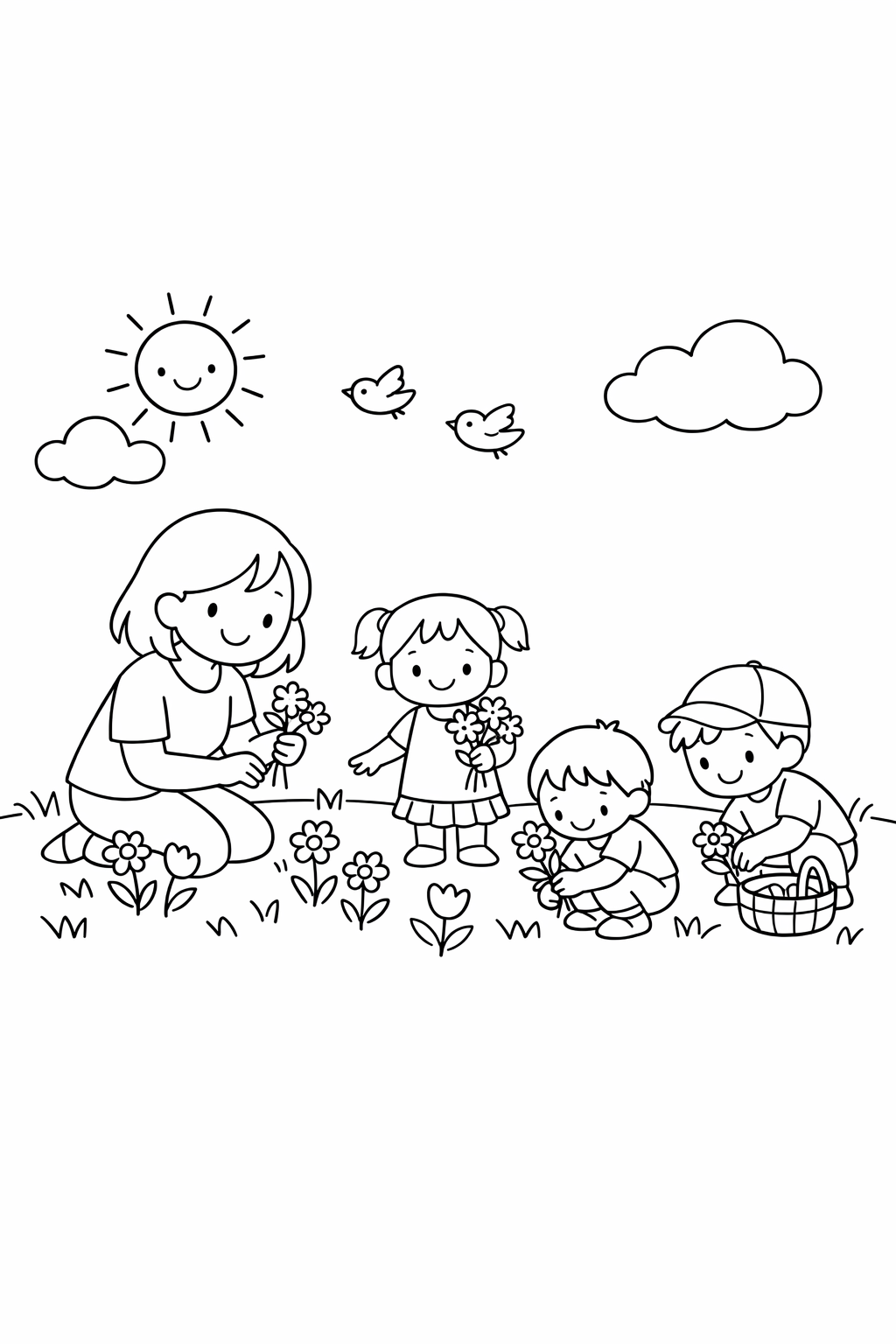Three kids and their mom picking wildflowers