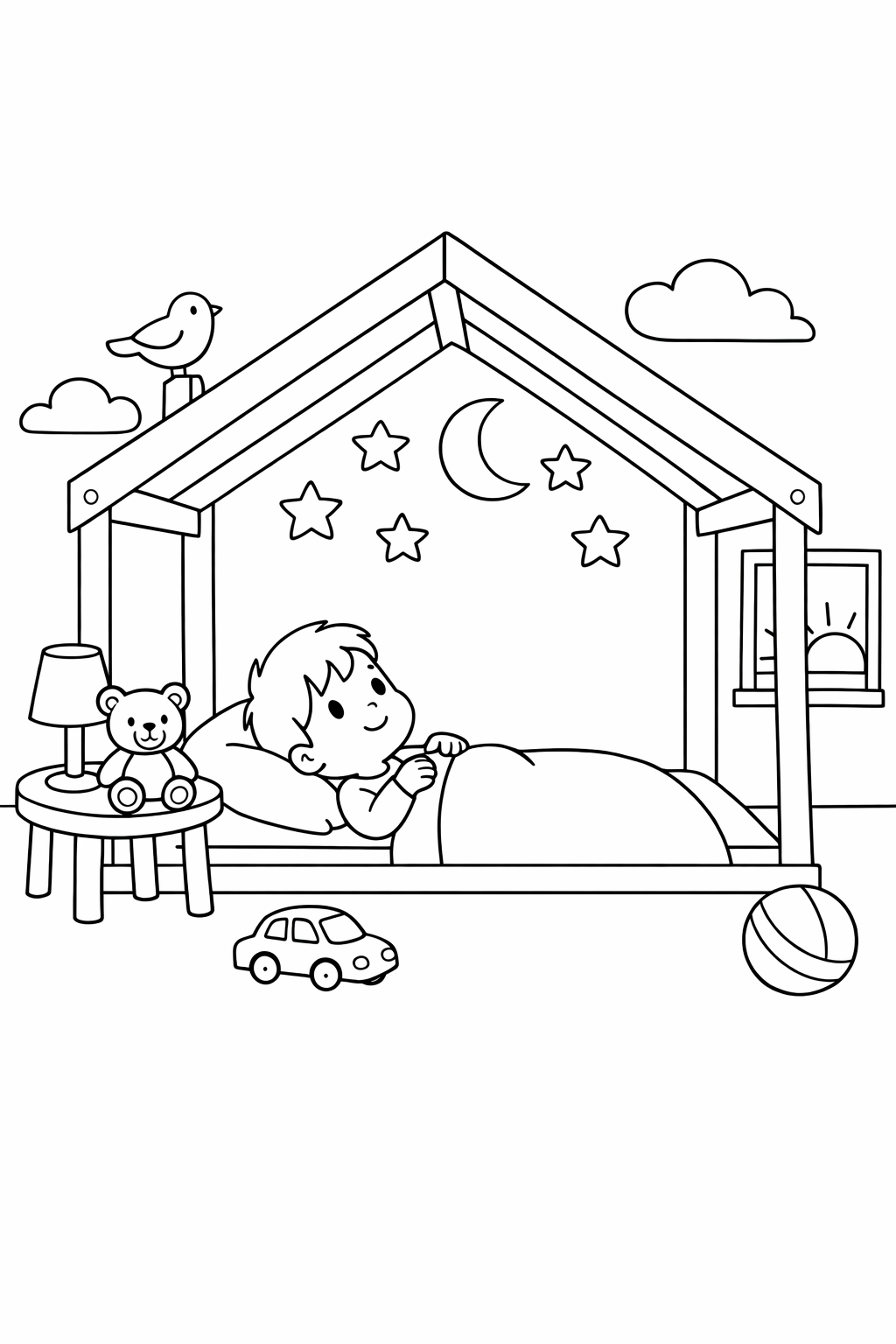 A boy in his bedroom, in his floor house bed, looking up at the stars
