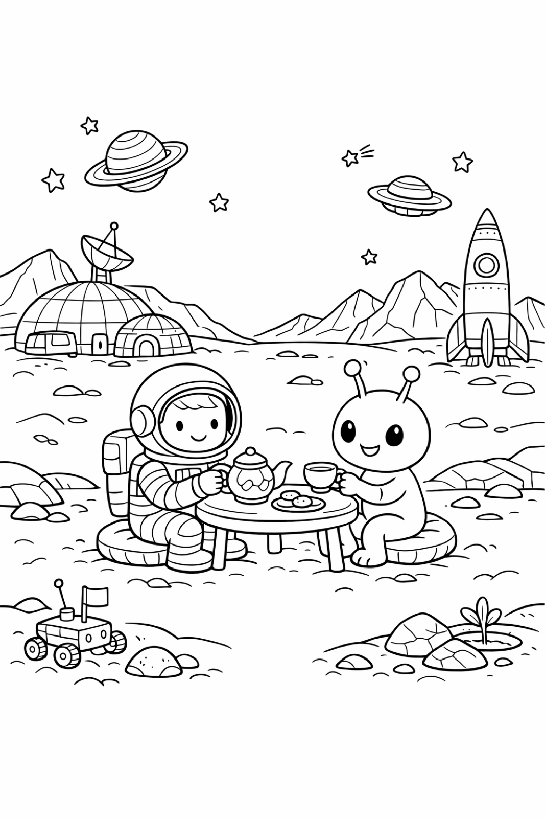 An astronaut having a tea party with a friendly alien