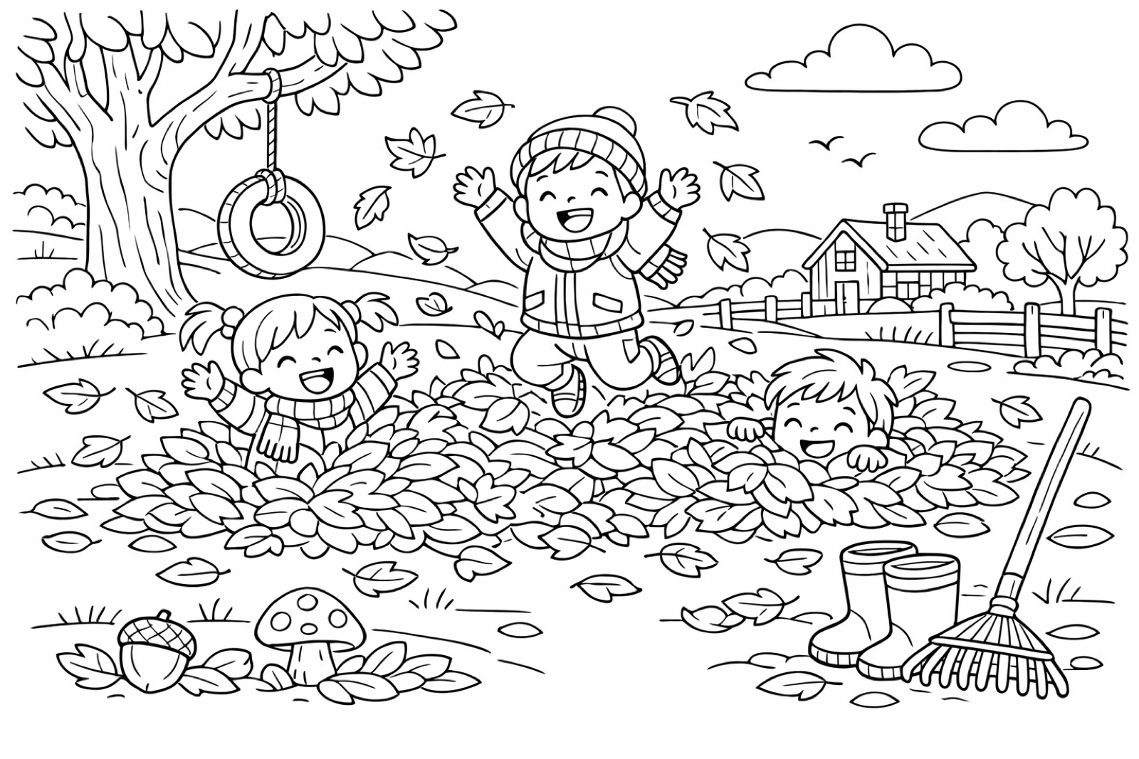 Kids playing in fallen autumn leaves