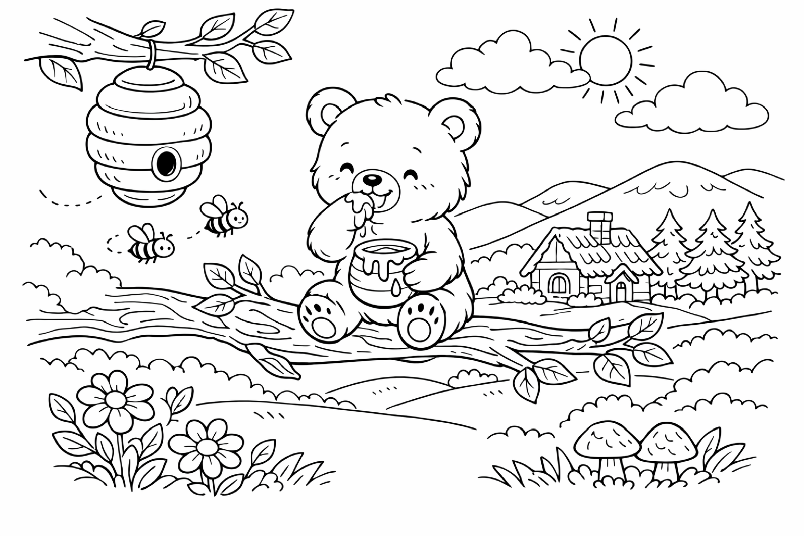A cute bear eating honey on a tree branch