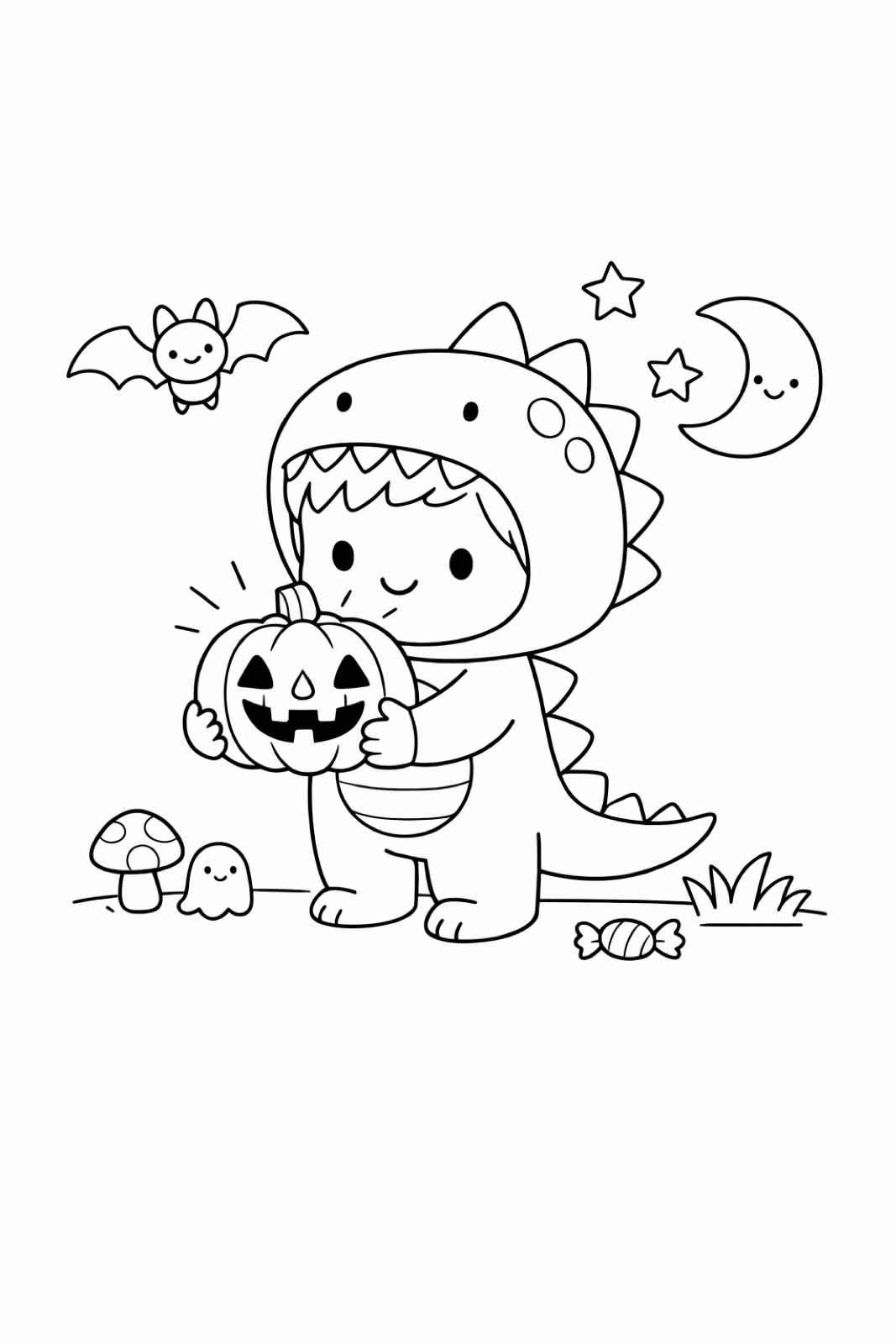 A kid in a dinosaur costume holding a jack-o-lantern