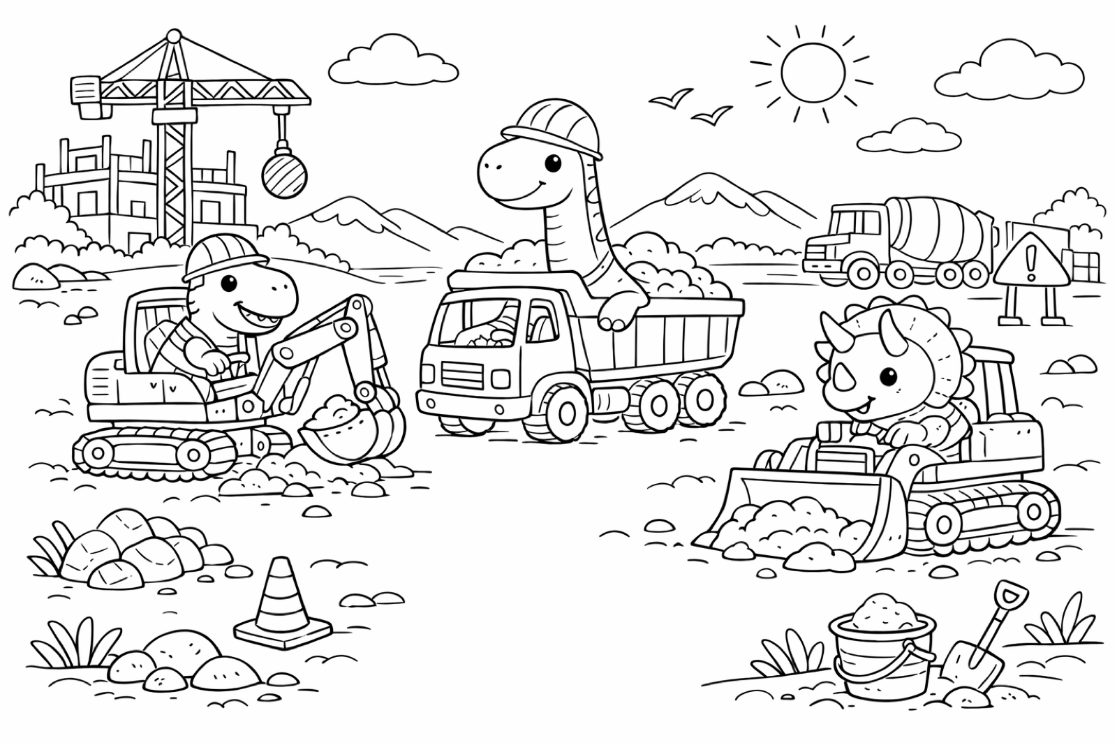 Three dinosaurs riding construction trucks