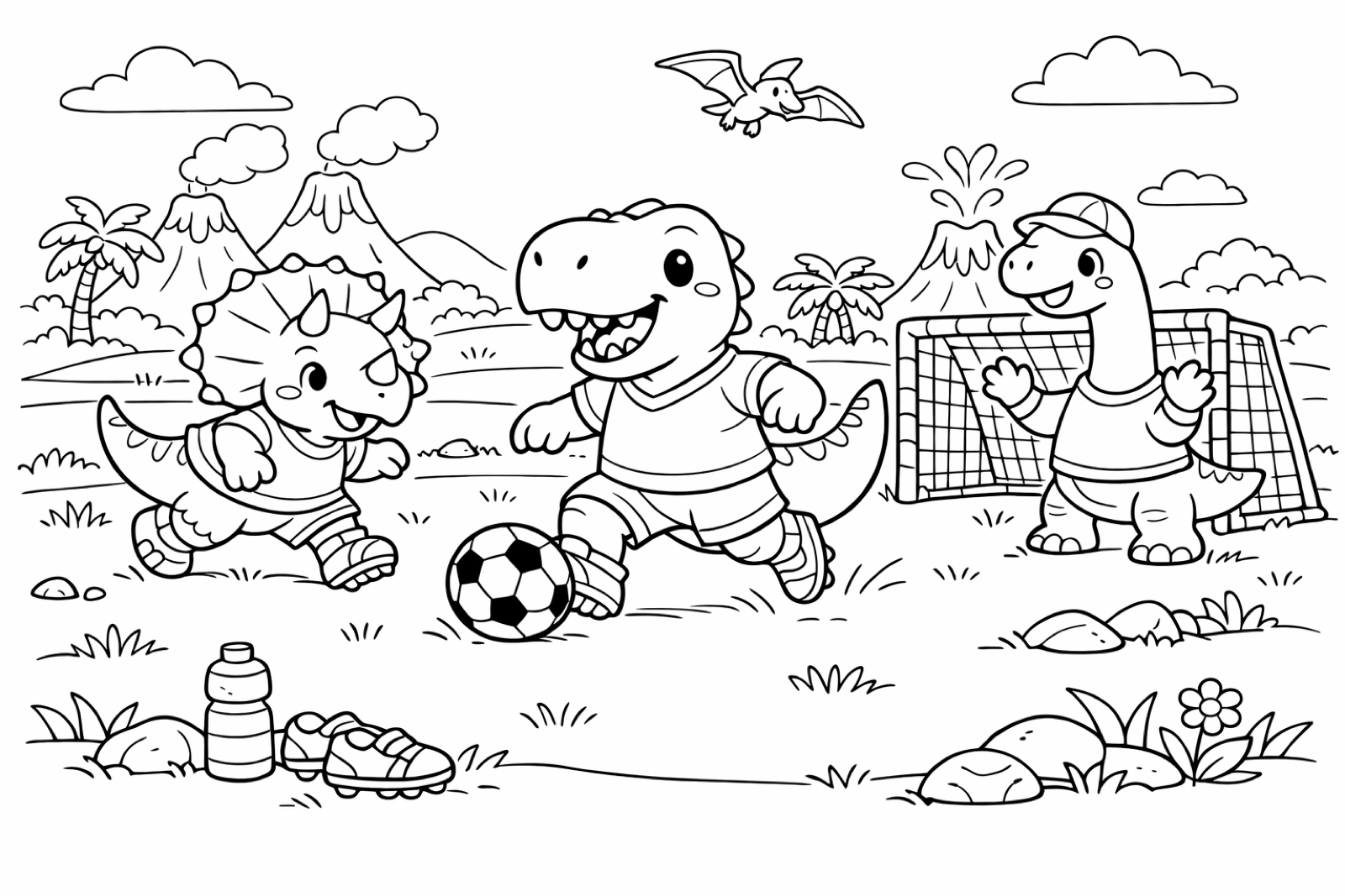 Dinosaurs playing soccer