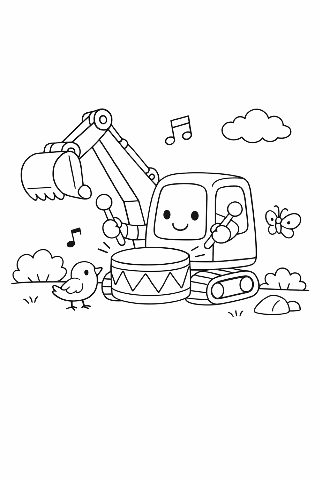 An excavator playing a drum