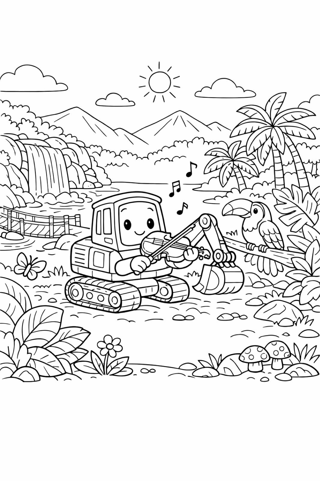 An excavator playing a violin in the jungle