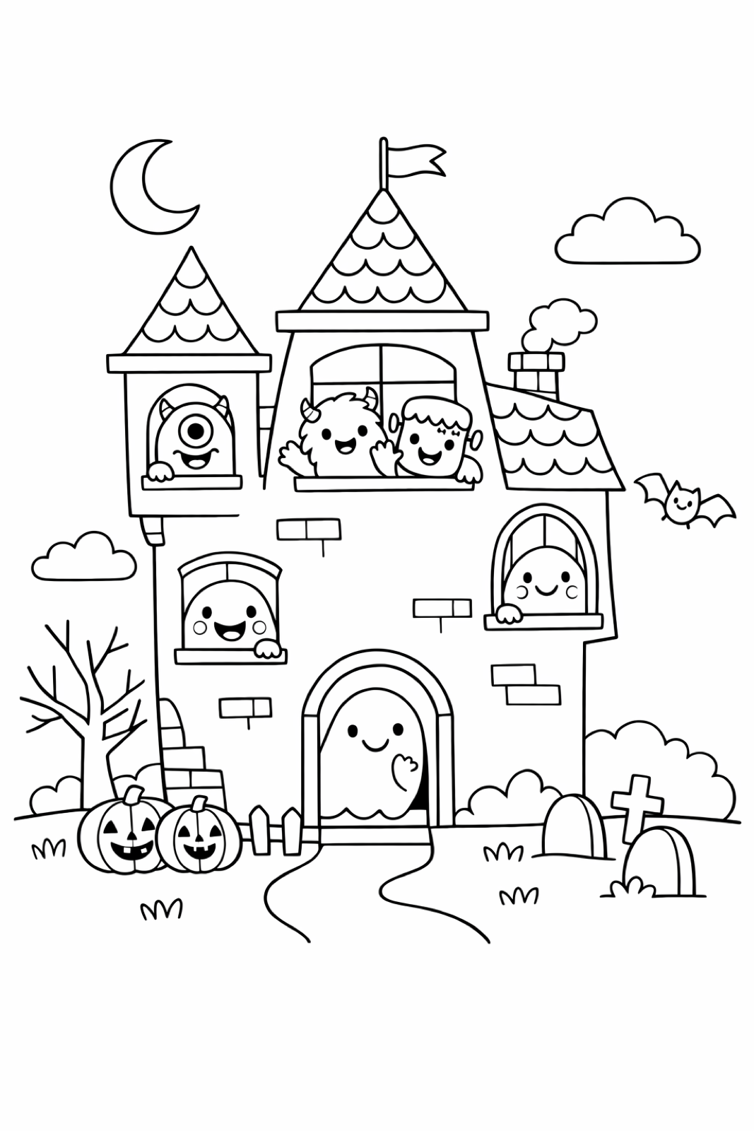 A haunted house with smiling monsters