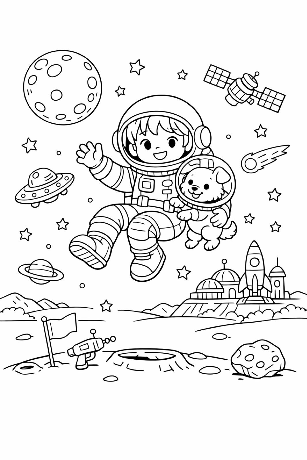 A kid astronaut floating in space with their pet