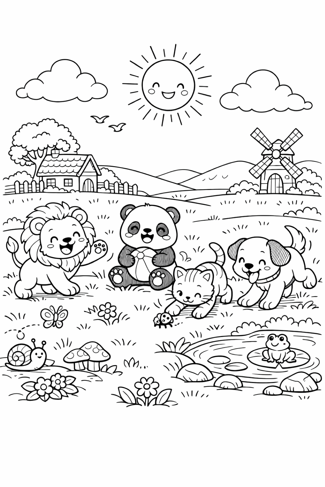A playful lion and panda in a sunny meadow