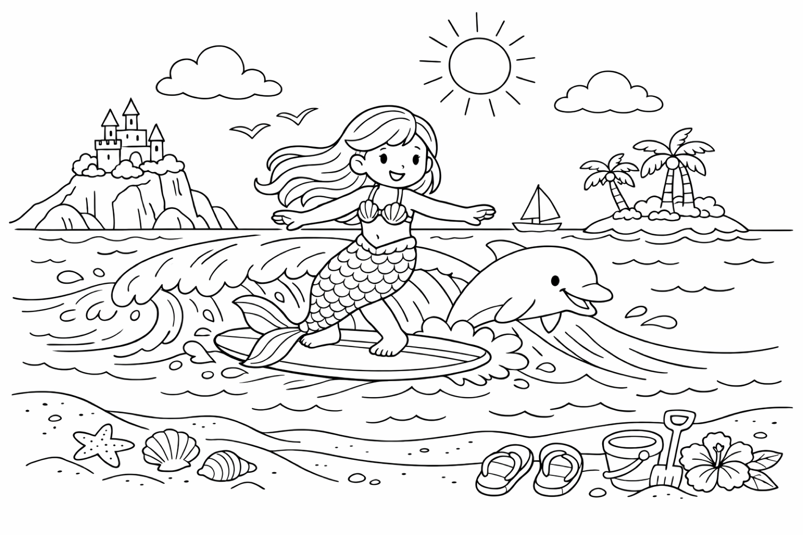 A mermaid surfing with a dolphin