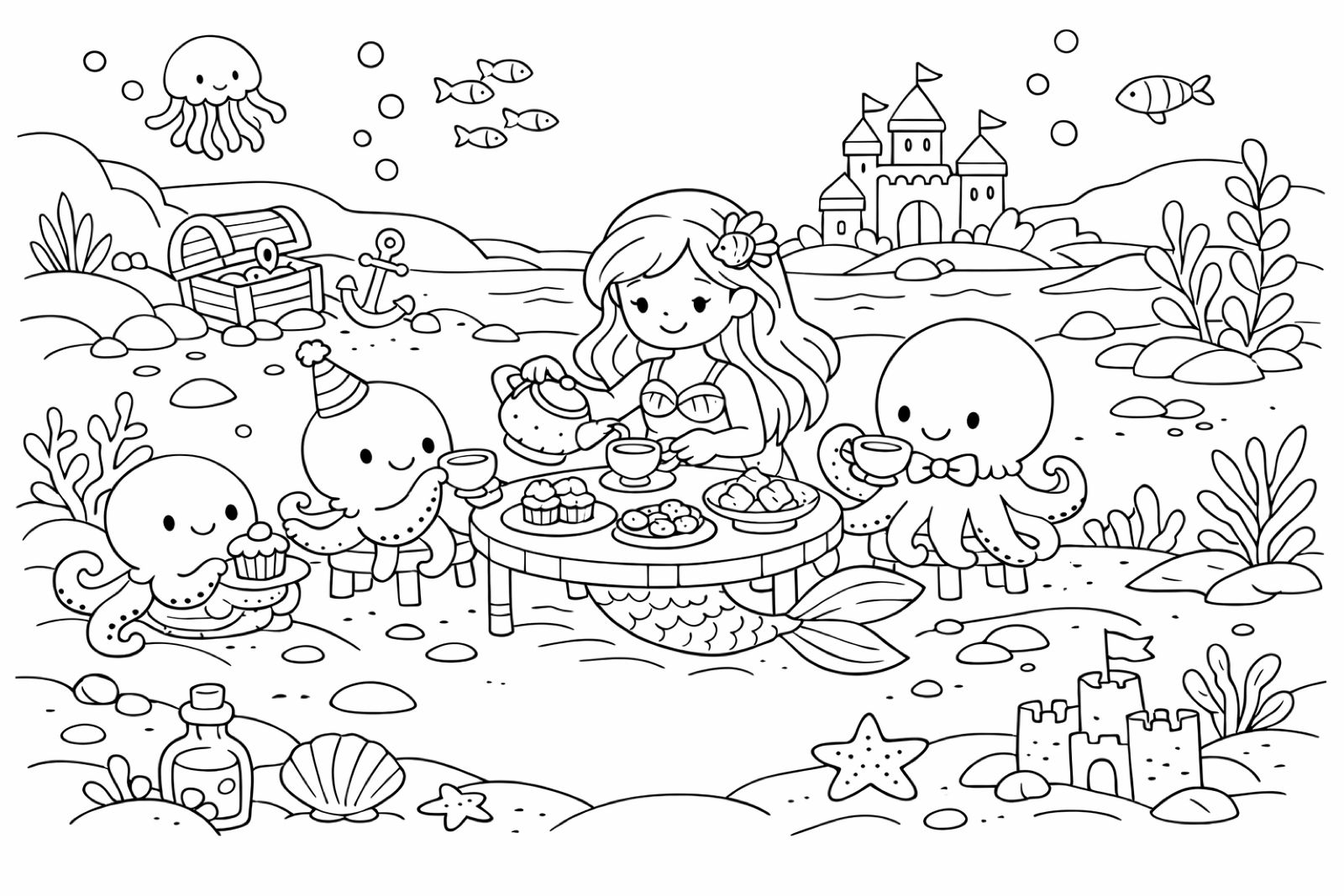 A mermaid hosting a tea party with octopus friends