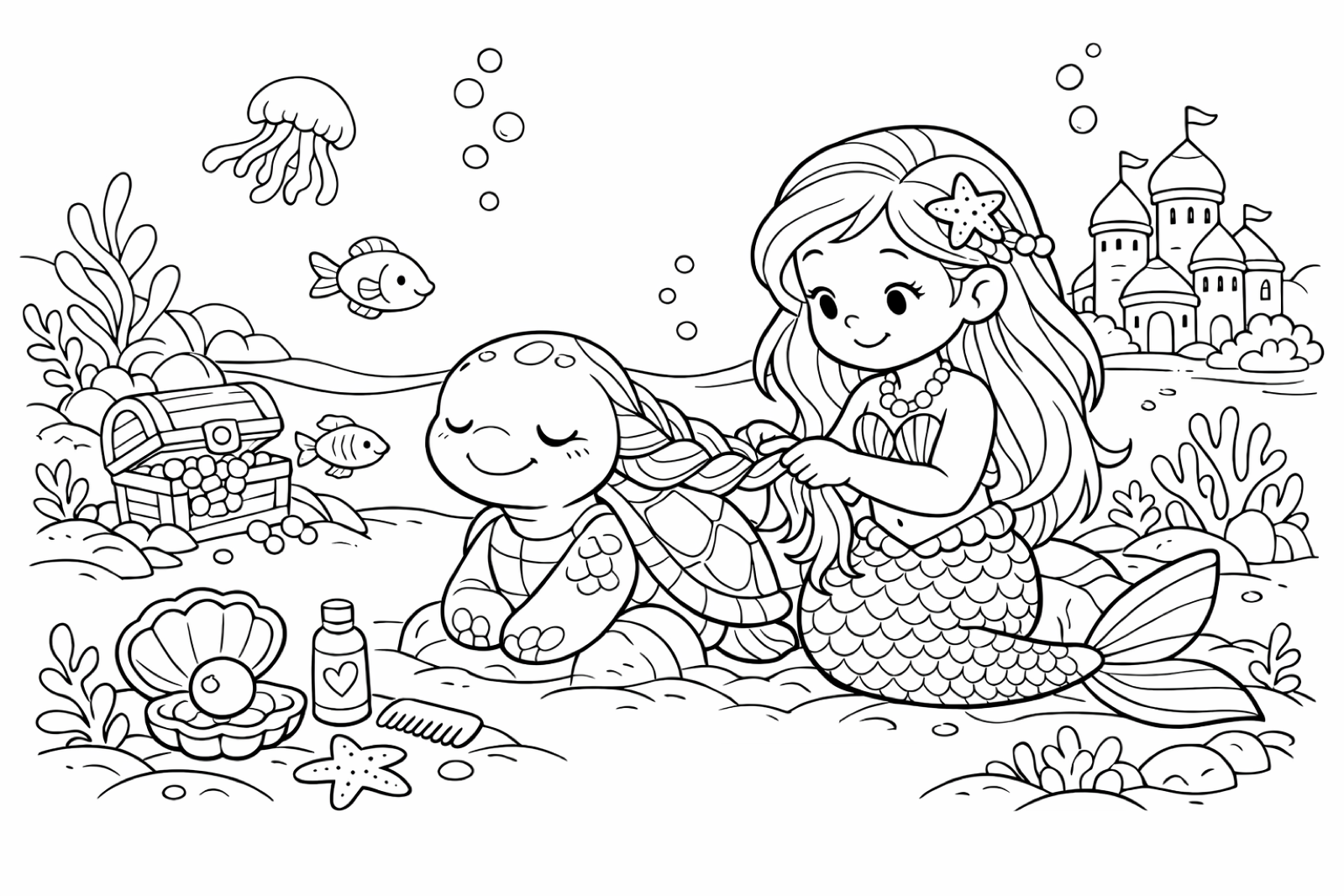 A mermaid braiding a sea turtle's hair