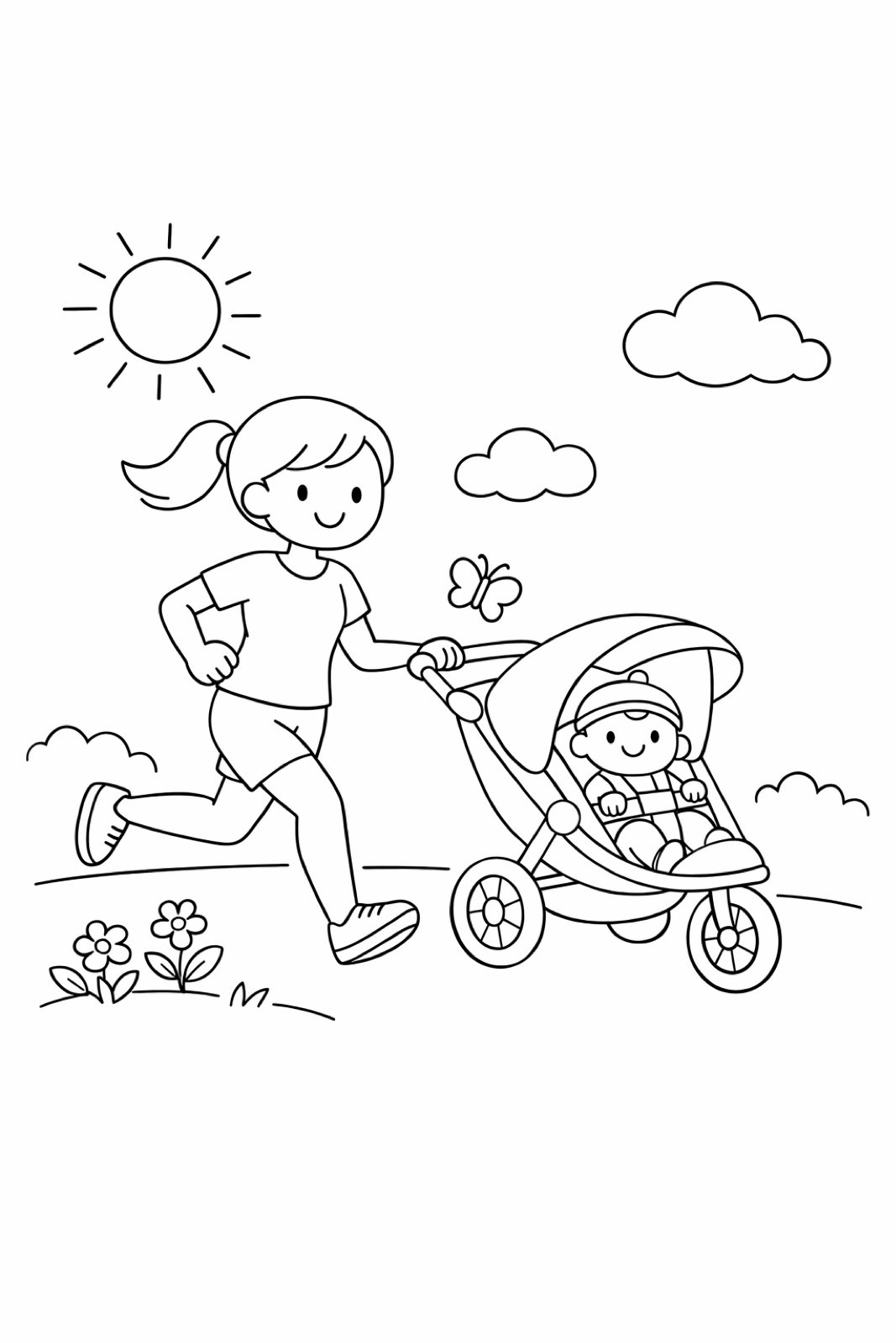 Mom running with baby in a jogging stroller