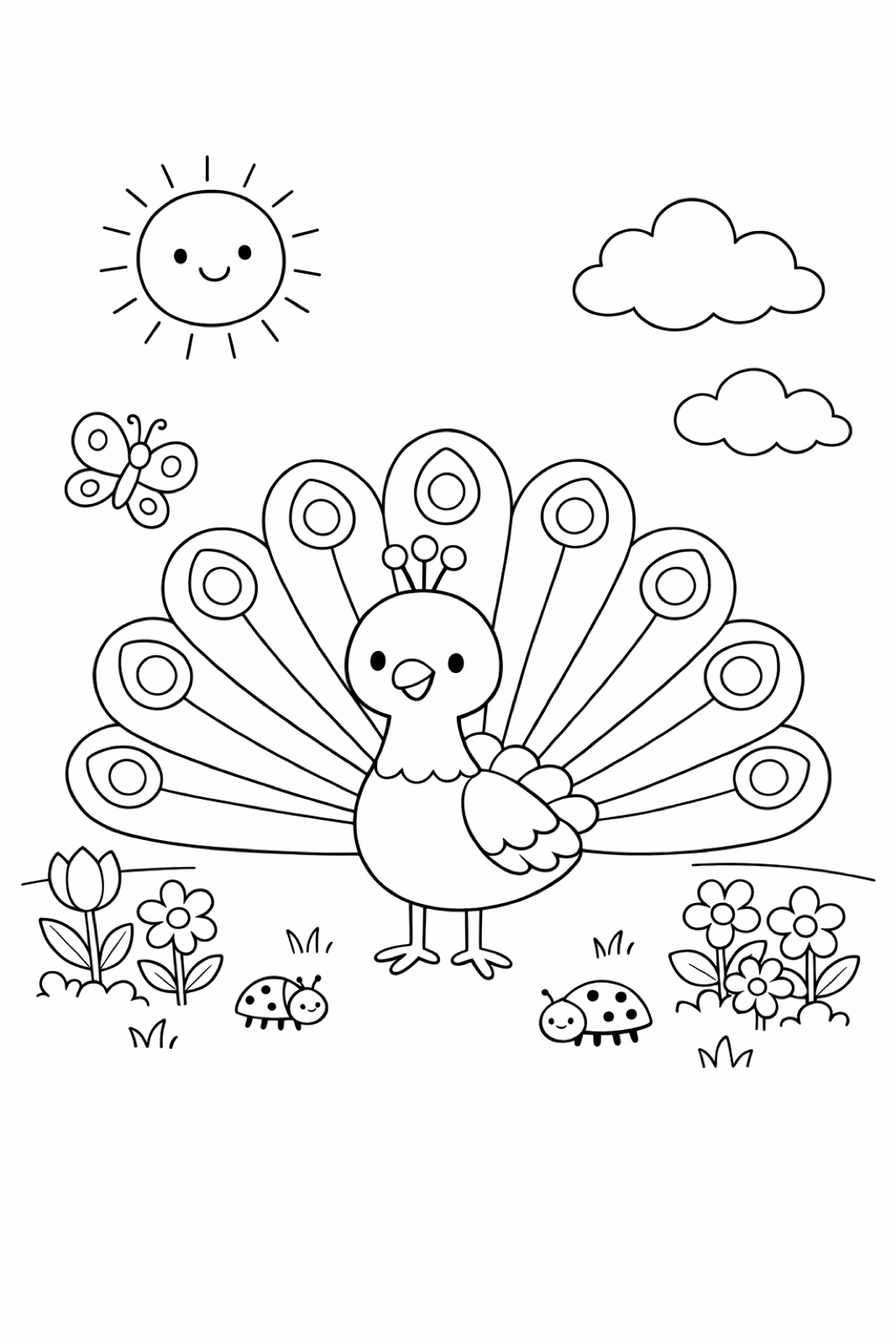 A peacock in a sunny garden