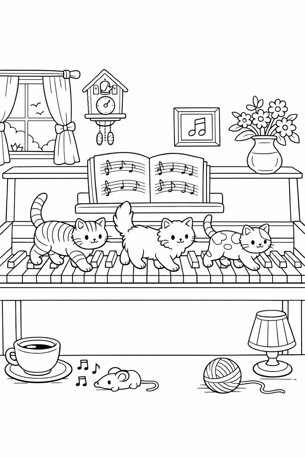 A piano with cats walking across the keys