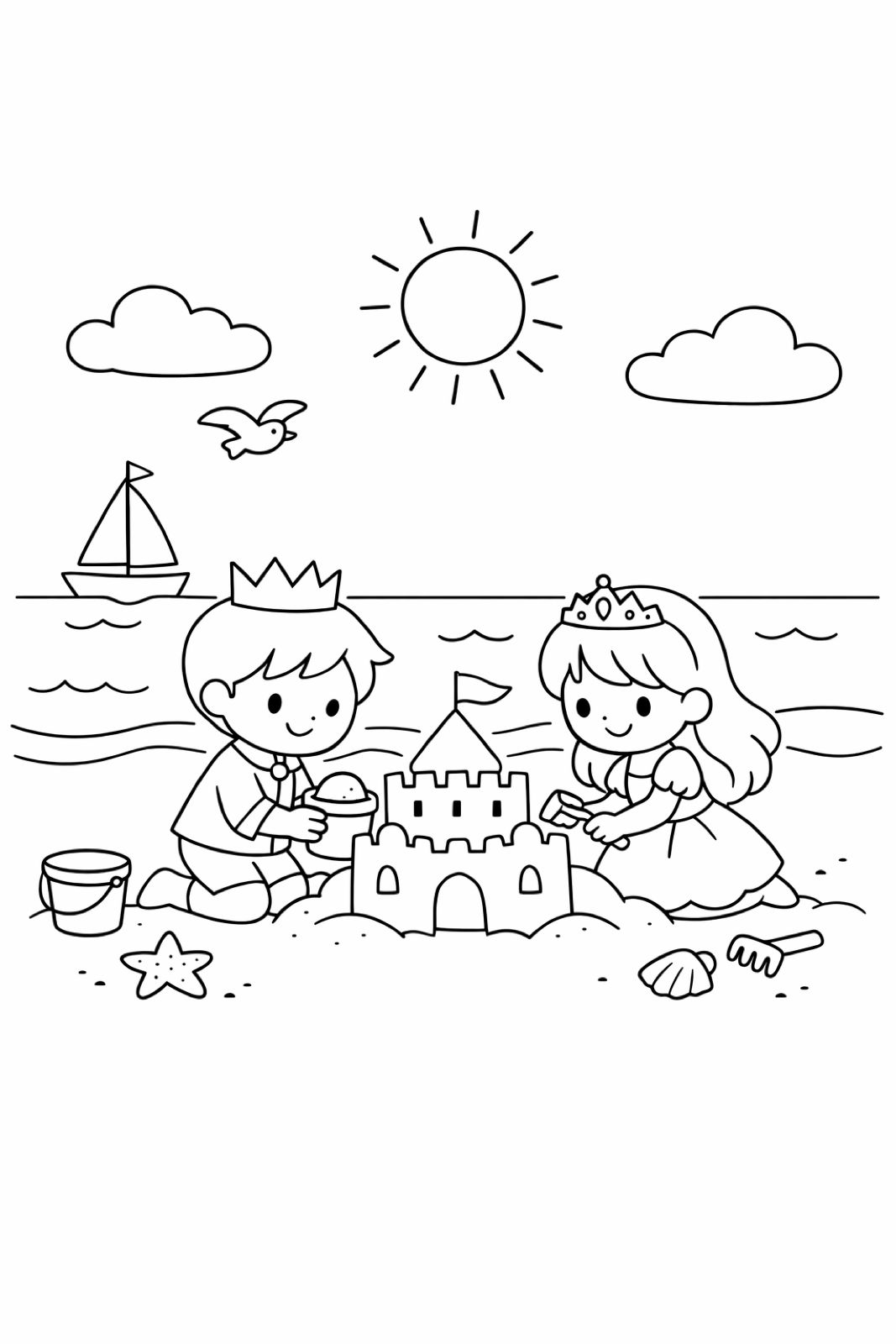 A prince and princess building a sandcastle