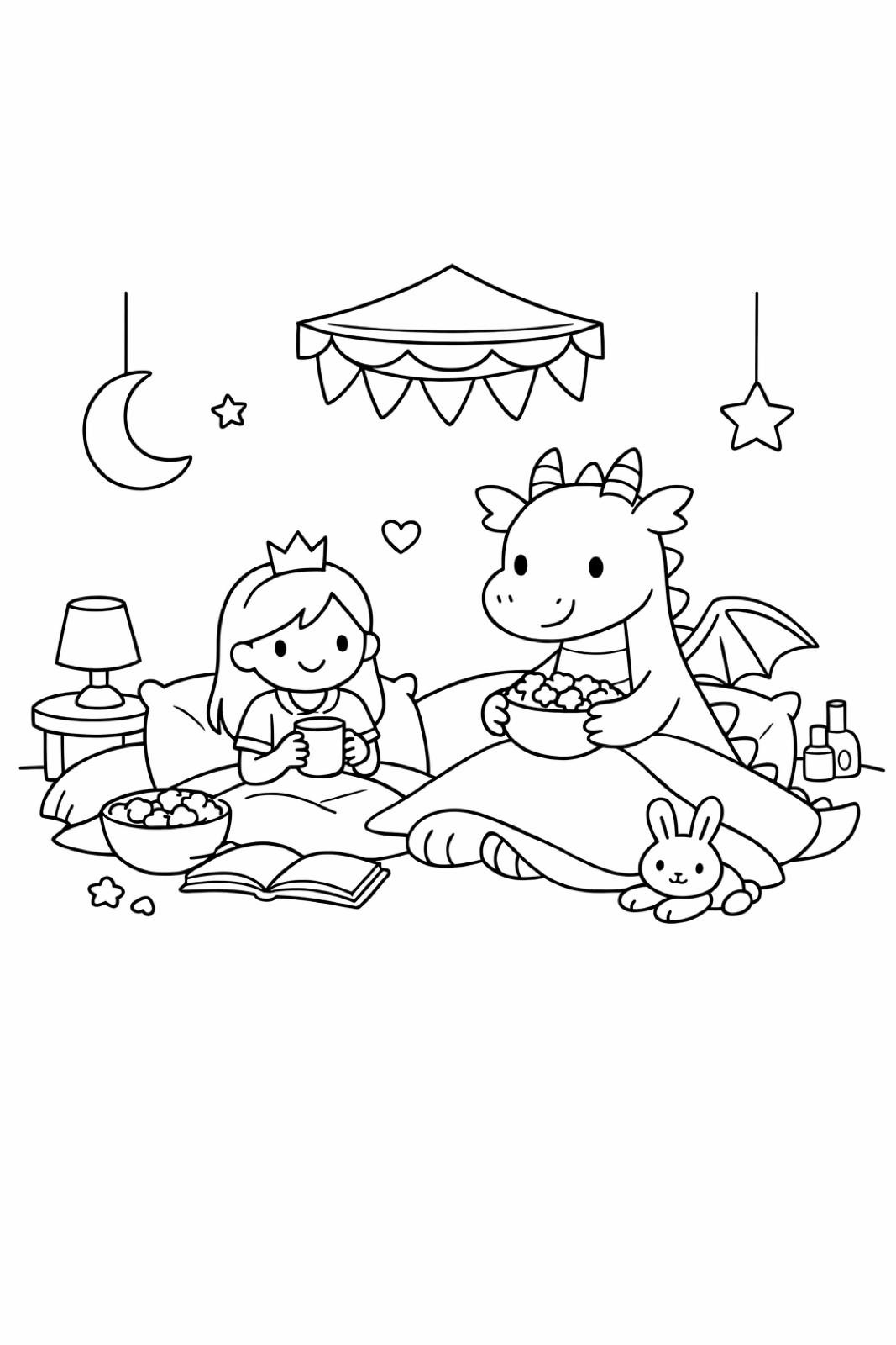 A princess having a sleepover with her dragon