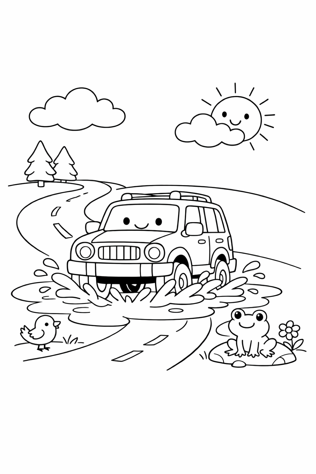 A tall SUV splashing through puddles