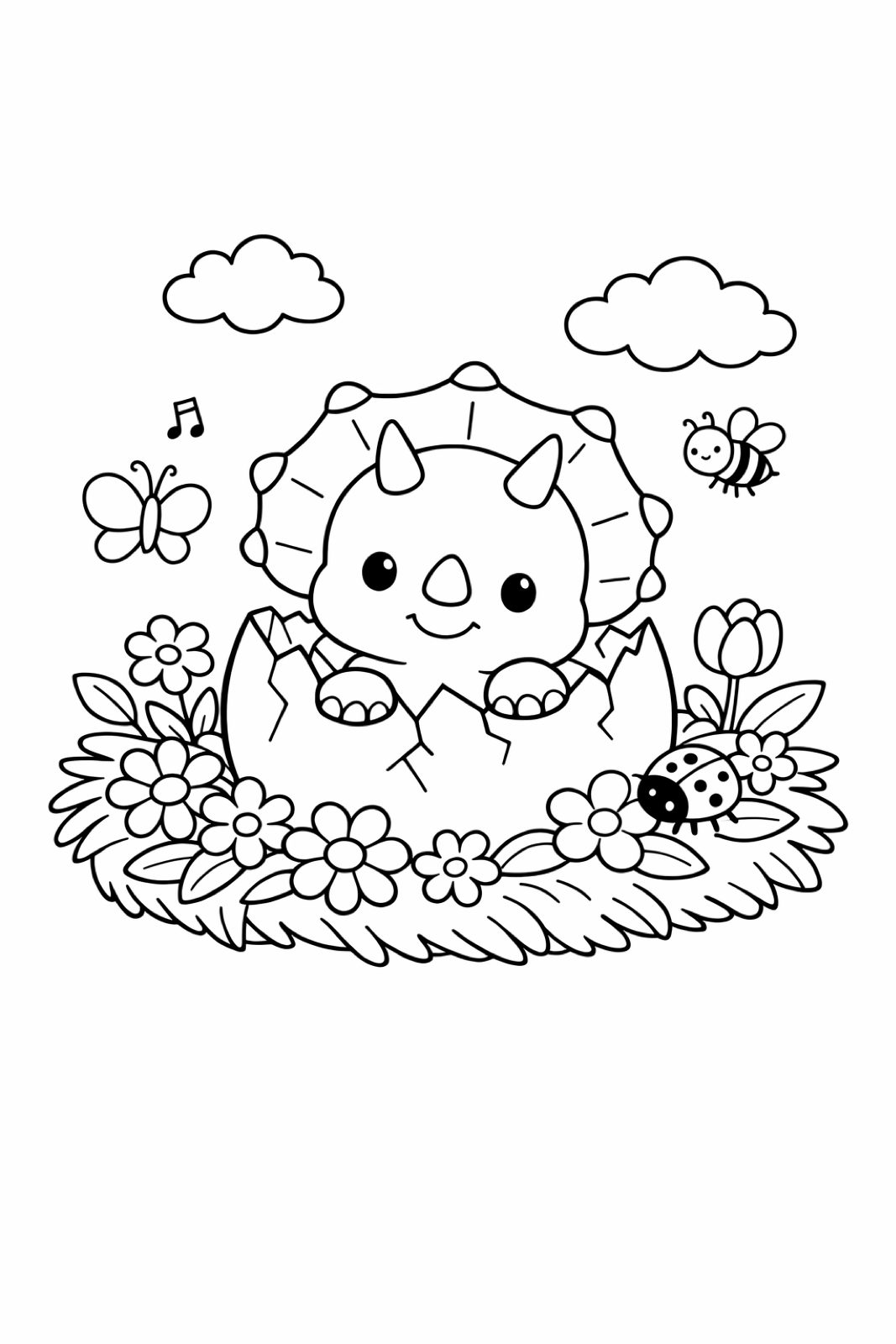 A baby triceratops hatching from an egg