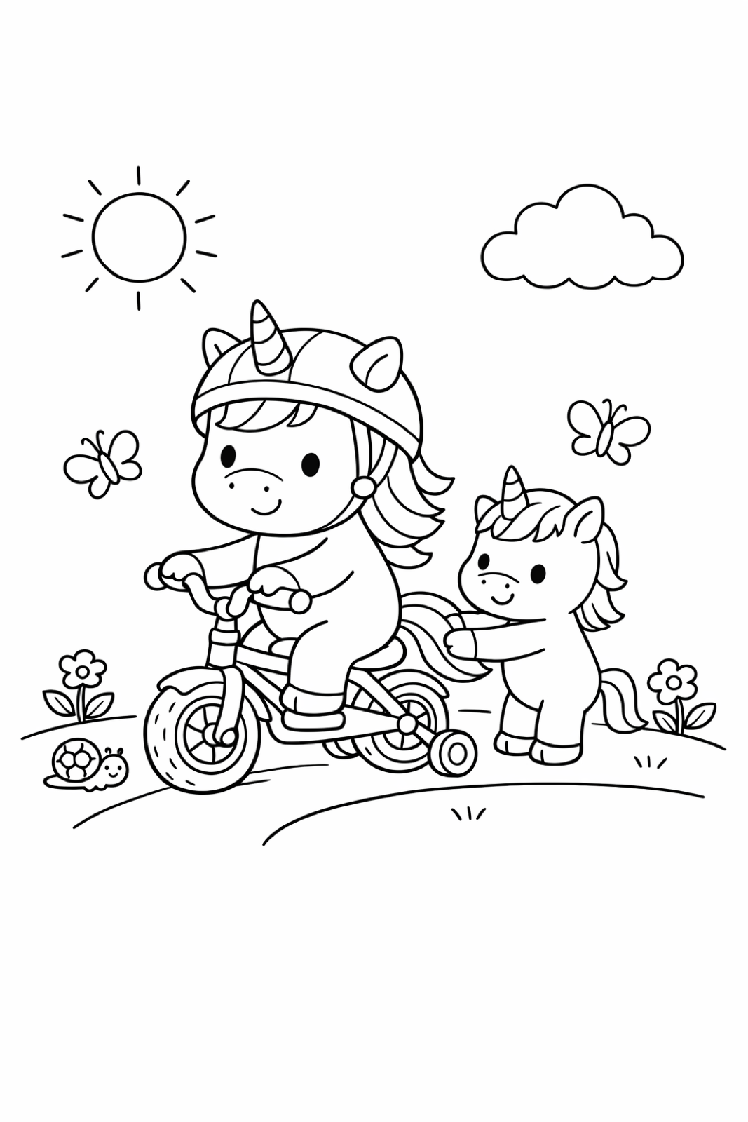 A unicorn learning to ride a bike