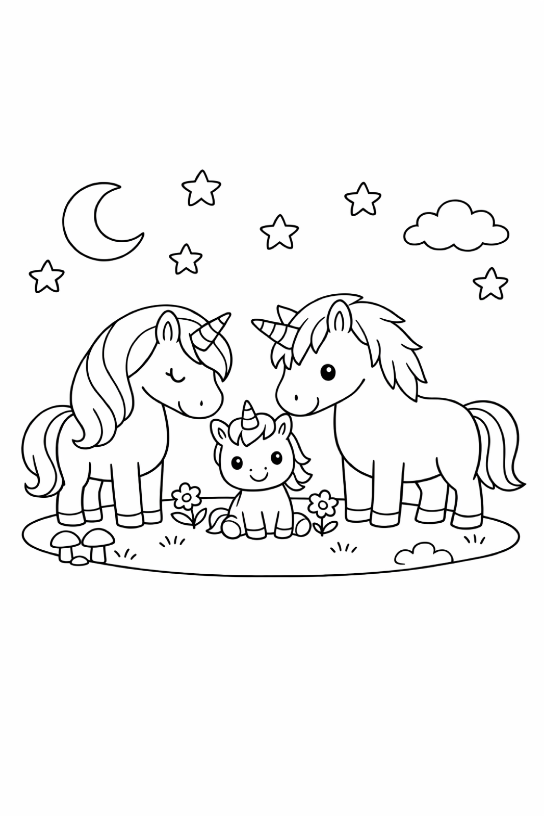 A magical unicorn family under a rainbow