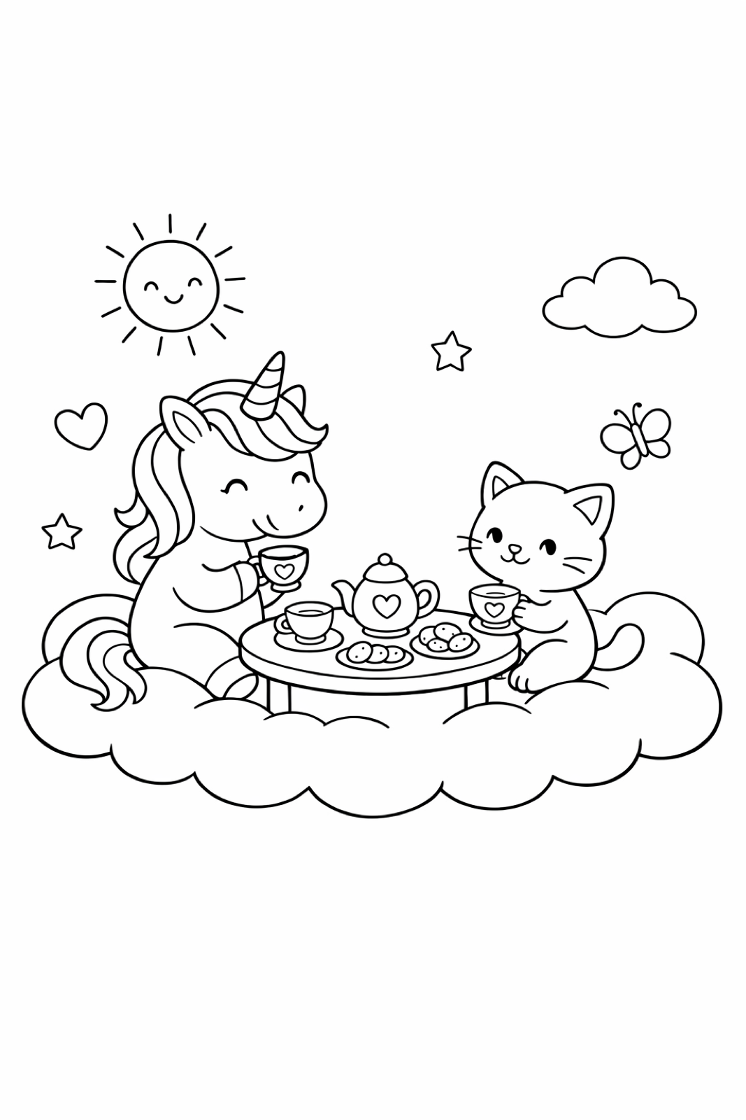 A unicorn and a kitten having a tea party