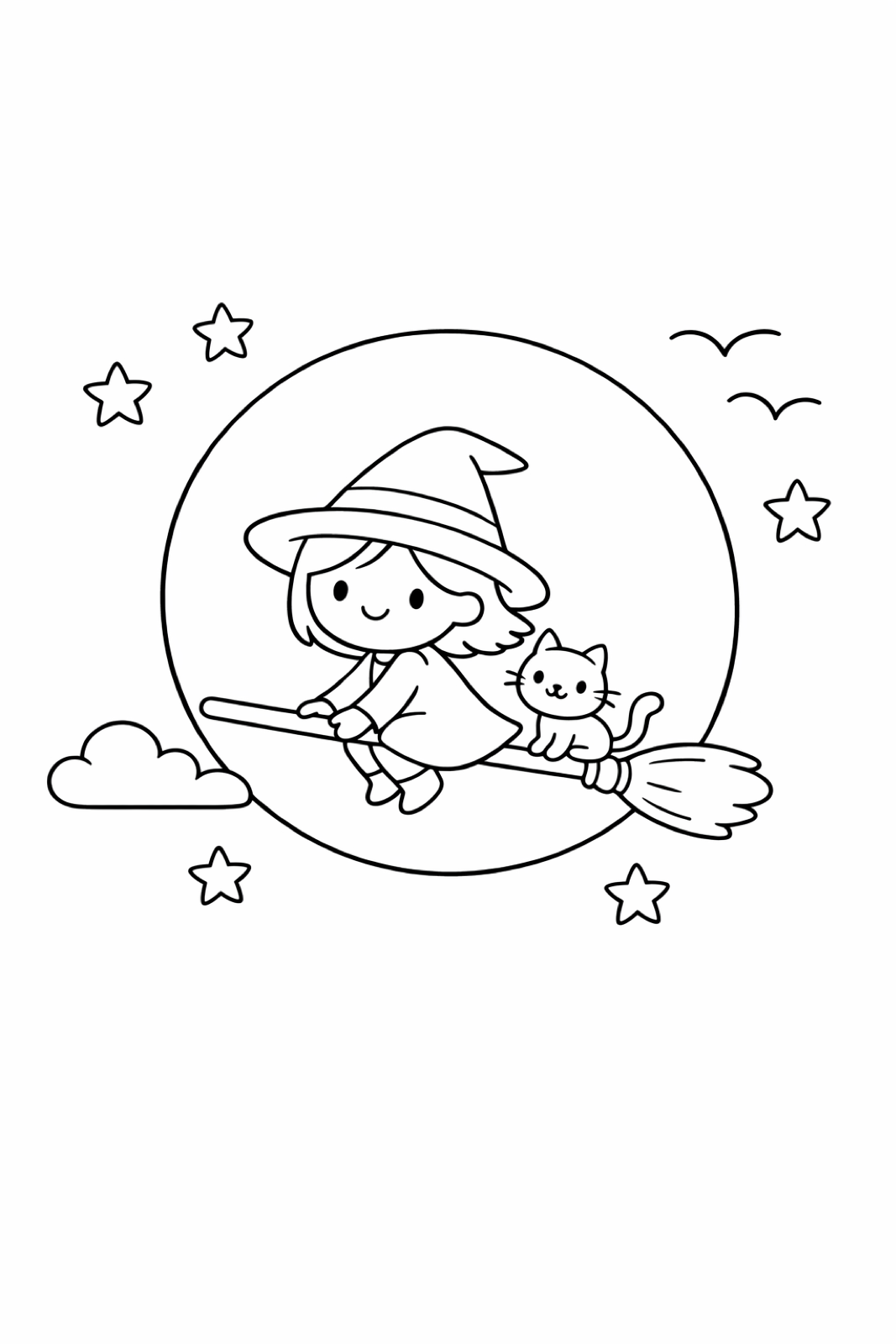 A witch and her cat flying past a full moon